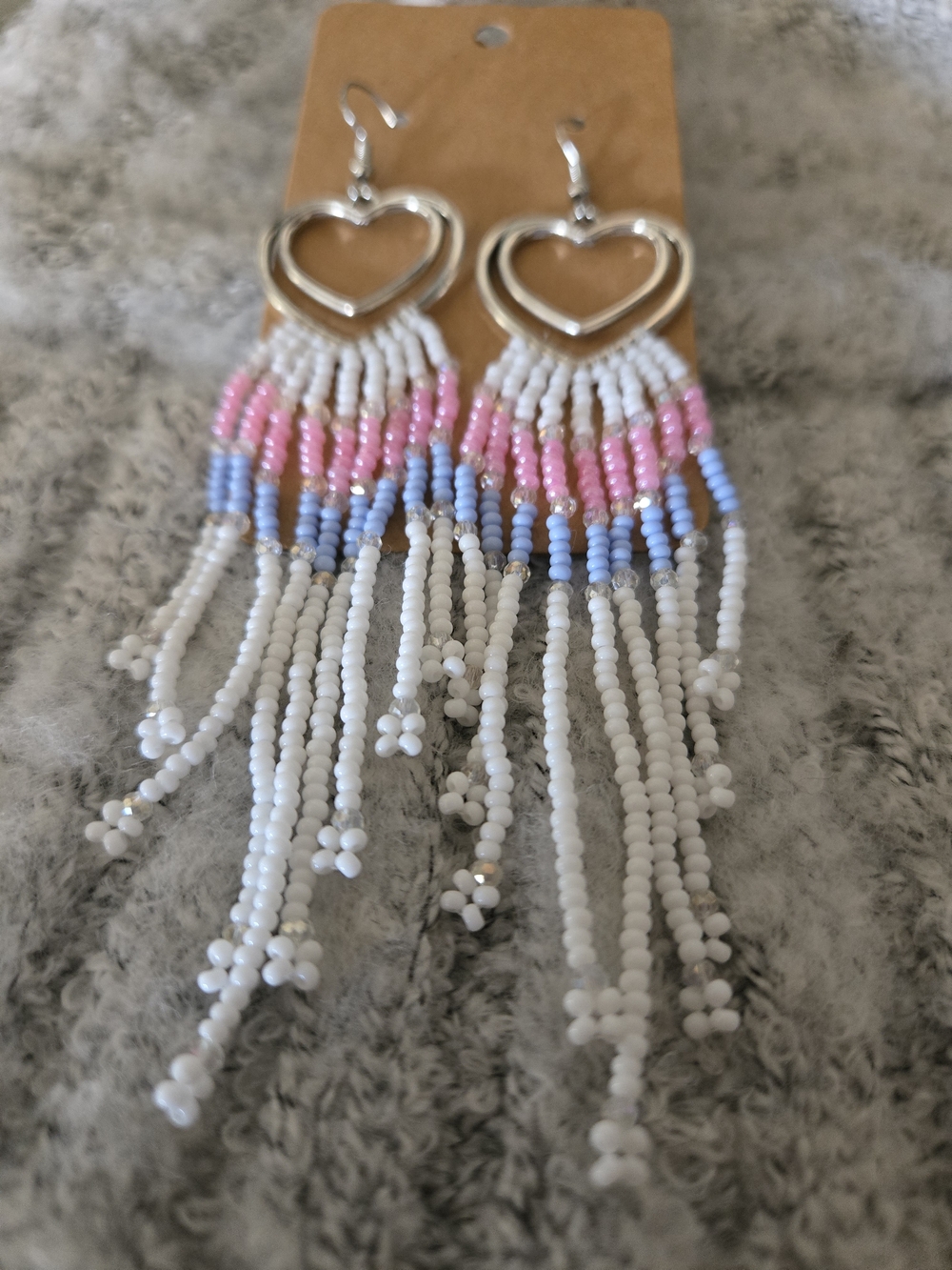 Heart Fringe Beaded Earrings in White, Pink & Light Purple